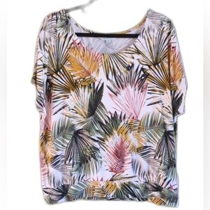 Cleo Petites Tropical Palm Leaf Dolman Sleeve Scoop Neck Banded Waist Top XL